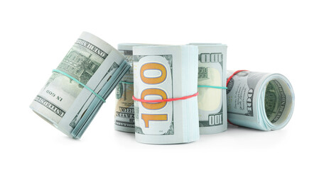 Rolls of dollar banknotes isolated on white