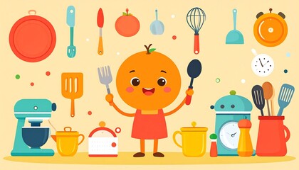 An orange character, depicted in a cheerful manner, is surrounded by colorful kitchen utensils and appliances, creating a vibrant and playful kitchen scene.