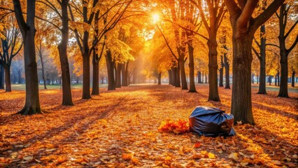 Golden autumnal park pathway with a discarded trash bag filled with fallen leaves during sunrise