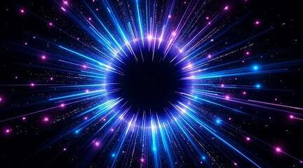Naklejka premium Abstract art of blue and purple light fibers radiating outwards to create a vibrant circular burst of energy against a black backg