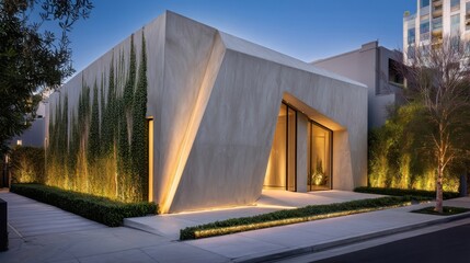 Obraz premium A modern geometric house with smooth light gray concrete walls, irregular slanted facade,