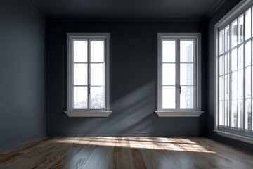 Obraz premium A dimly lit room with large windows, showcasing a classic interior design. Natural light casts soft shadows on the wooden floor.
