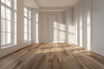 Obraz premium A sun-drenched, empty room with light-filled windows and elegant, paneled walls showcases a warm hardwood floor.
