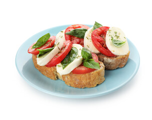 Delicious sandwiches with mozzarella cheese, tomatoes and basil isolated on white