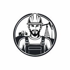 Oil Worker in the Mining Field, with Equipment and Energy Extraction logo design vector.