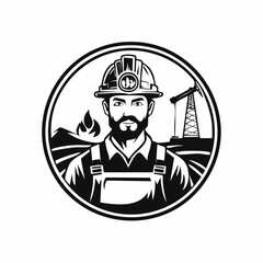 Oil Worker in the Mining Field, with Equipment and Energy Extraction logo design vector.