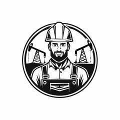 Oil Worker in the Mining Field, with Equipment and Energy Extraction logo design vector.