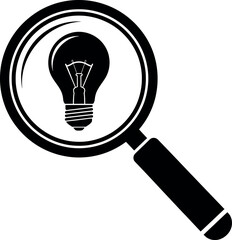 Vector art of magnifying glass over a light bulb symbolizing discovery and ideas, isolated on white background transparent background