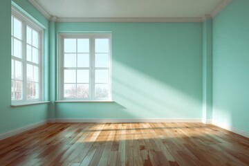 Obraz premium An empty room with pale teal walls, sunlit hardwood floors, and large windows showcasing a winter scene.