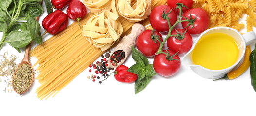 Different types of pasta and ingredients isolated on white, top view