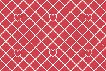 Diagonal grid tile with small hearts. Diamond tile seamless pattern. Red square and heart shapes design. Vector.
