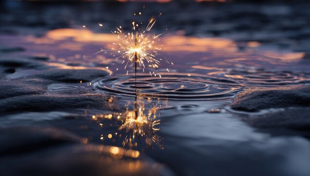 Sparkler reflecting in a puddle at sunset (2)