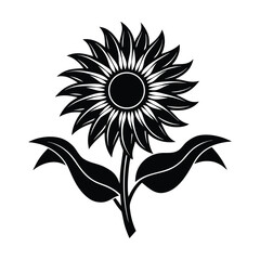 Fototapeta premium Stylized black silhouette of a sunflower with leaves
