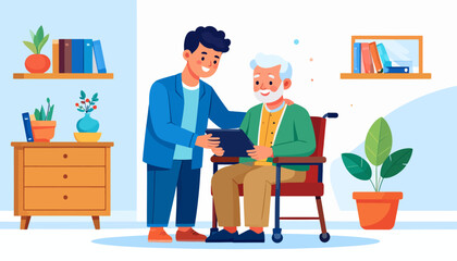 Young caregiver helping a senior man in a wheelchair use a digital tablet, a flat vector illustration of elderly support and assistance.