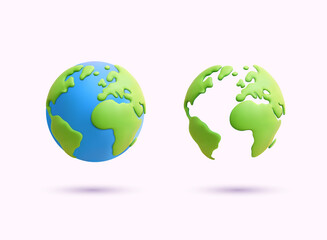 Set of two green-blue globes representing Earth and planet sustainability concept. 3D Web Vector Illustrations.