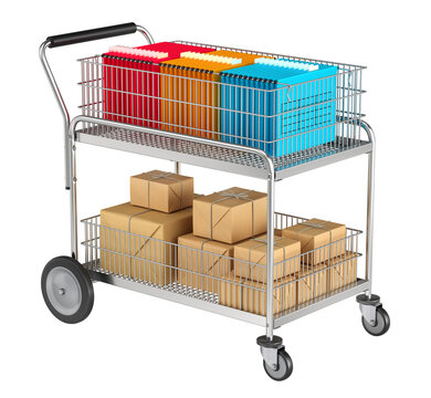 Office mail distribution trolley with folders and packages isolated on transparent background - 3d PNG illustration