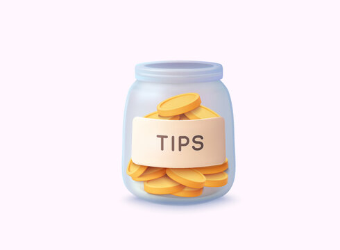 Illustration of a glass jar full of coins with a label tips on pastel background. 3D Web Vector Illustration.