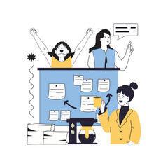 Basic office concept for modern web design. People creating success project strategy and organisation, doing tasks with schedule notes, discussing work at coffee break meeting. Vector illustration.