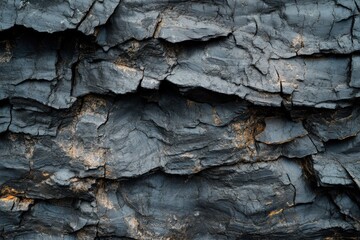 Close-up view of dark gray rock face, showcasing intricate layers and textured fissures.