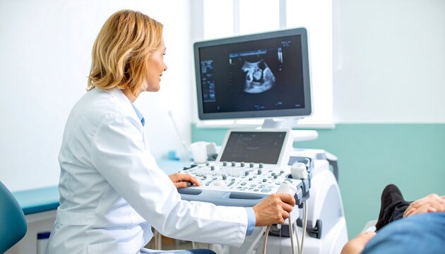 A medical professional reviews an ultrasound image of a fetus on a modern diagnostic machine in a well-lit examination room.