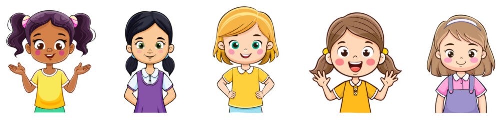 Set of cute cartoon happy girls with smiling faces, isolated 