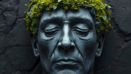Obraz premium A Cinematic Portrait Closeup of a Serene Stone Face Adorned with Greenery