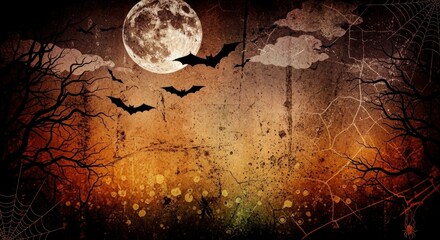 Bats fly across a full moon with trees and spiderwebs on a textured orange and black background