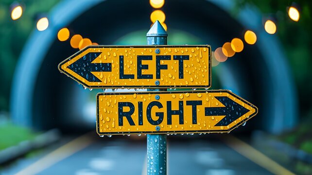 Yellow road sign with left and right arrows showing direction choice on street