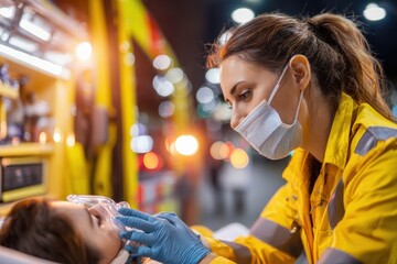 Paramedic providing oxygen to a patient inside an ambulance during an emergency.