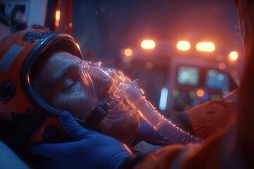 Patient with oxygen mask and helmet inside an emergency ambulance at night.