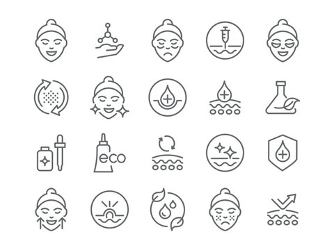 Set of icons created by man on the theme of skinCare, beauty injections, serum and cream, problem area renewal. Editable vector ready to use