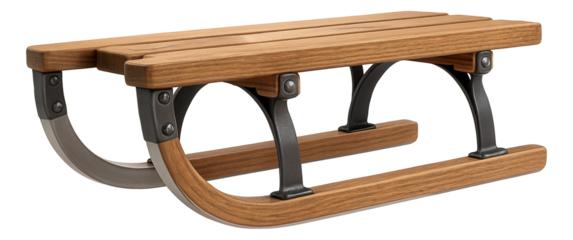 Rustic wooden sled with a handcrafted appearance and sturdy metal supports