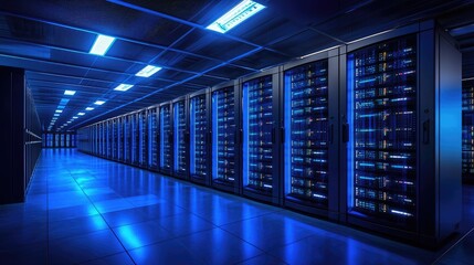 Spacious modern data center interior with endless rows of glowing blue server racks, ideal for cloud technology, cybersecurity, IT infrastructure, and enterprise network solutions
