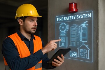 A construction worker interacting with a fire safety system. 