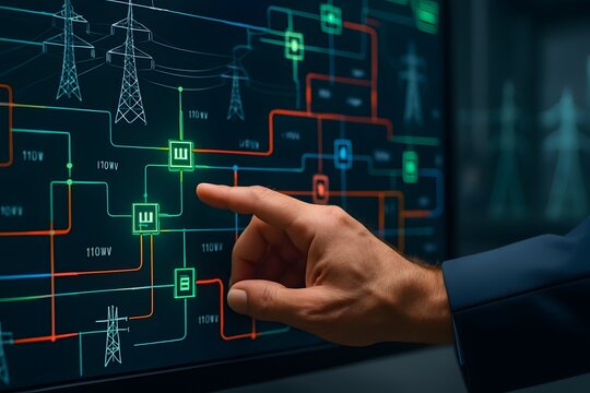 A hand pointing at a power grid control panel. 