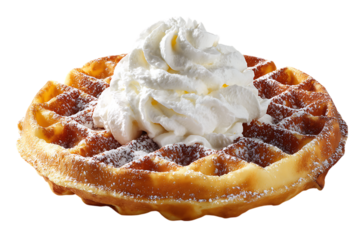 Golden waffle topped with fluffy whipped cream and powdered sugar