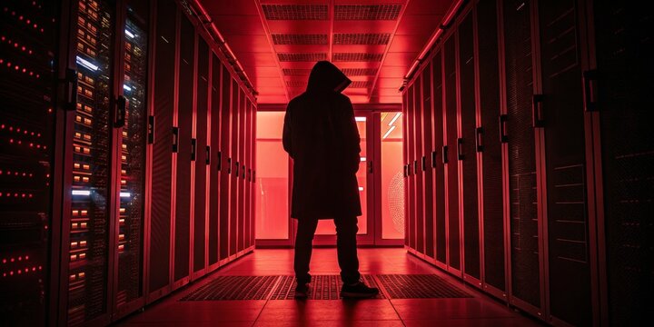 Hooded Figure in Red Server Room, Cyber Security ,Data center