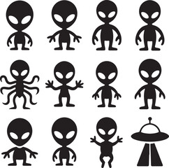 Twelve black silhouette icons of aliens and aUFO on white background extraterrestrial