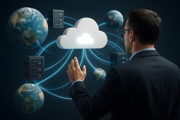 A man interact with cloud data on server around the world. 