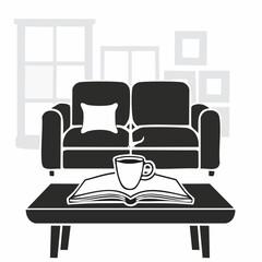Coffee Mug and Book on a Table in Front of a Soft Comfortable Sofa image vector.