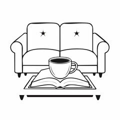 Coffee Mug and Book on a Table in Front of a Soft Comfortable Sofa image vector.