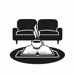 Warm Coffee and an Open Book on a Table Beside a Comfortable Couch on white background.