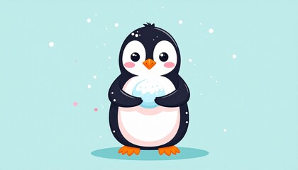 Naklejka premium A charming penguin holds a snowball against a soft teal backdrop, creating a cheerful winter scene.