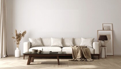 Obraz premium A serene minimalist living space with clean white walls, subtle natural textures, and balanced soft light creating calm atmosphere, captured in ultra-real detail