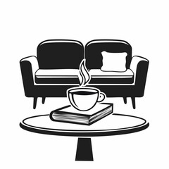 Coffee Cup and Book on Table Near Cozy Sofa in a Vector Illustration on white background.