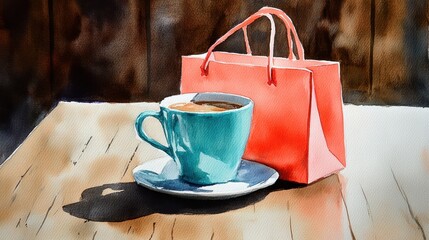 Coffee Cup with Saucer and Red Shopping Bag on Wooden Table