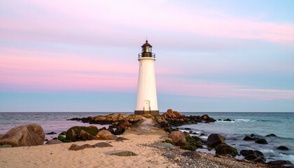 Naklejka premium A serene lighthouse stands sentinel on a tranquil coastline at twilight, bathed in soft pastel hues.