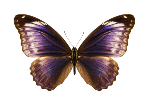 Ethereal butterfly, iridescent deep violet and antique bronze wings, delicate parchment texture, crystalline veins, isolated on white, soft studio light, sharp macro, timeless mystery concept