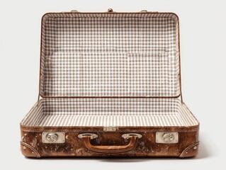 Open vintage suitcase against white background