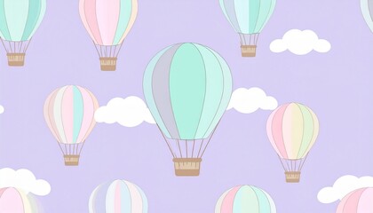 Pastel-colored hot air balloons float against a soft lavender sky, creating a whimsical and cheerful design.